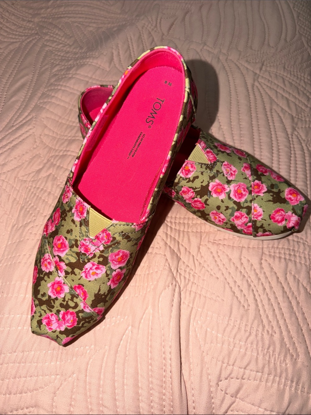 TOMS Olive Floral Slip-On Flats with Pink Insole